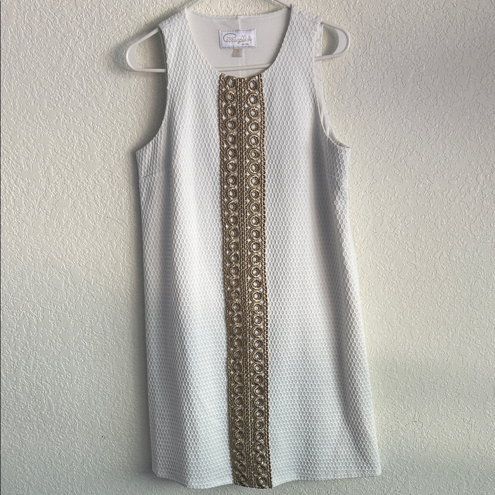 Elegant White Midi Dress with Gold Detailing